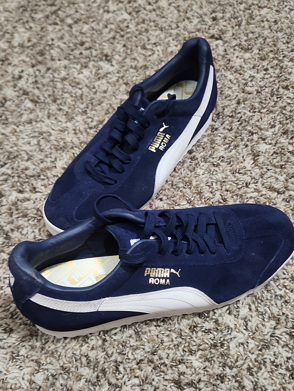 PUMA Roma Suede Sneakers Peacoat Navy Blue White Gold Athleisure Outdoor Soccer